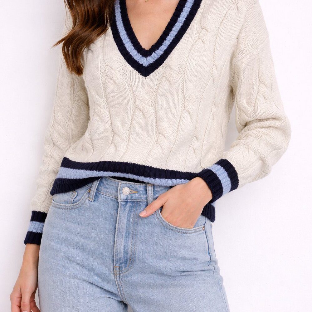Aerie Cream Cable Knit V-Neck Sweater with Navy and Light Blue Trim